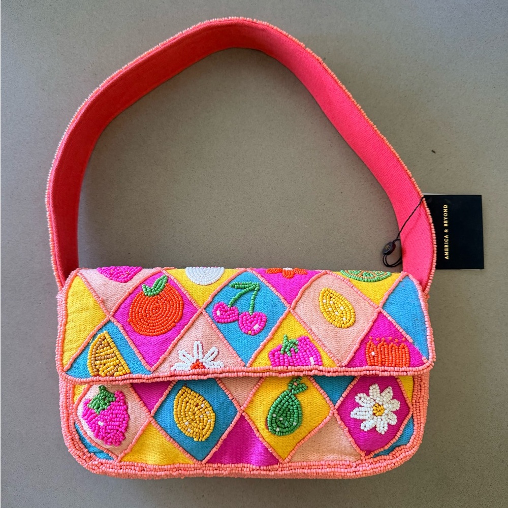 Summer Beaded Fruit-Embroidered Shoulder Bag | Brand New | Checkered Pink